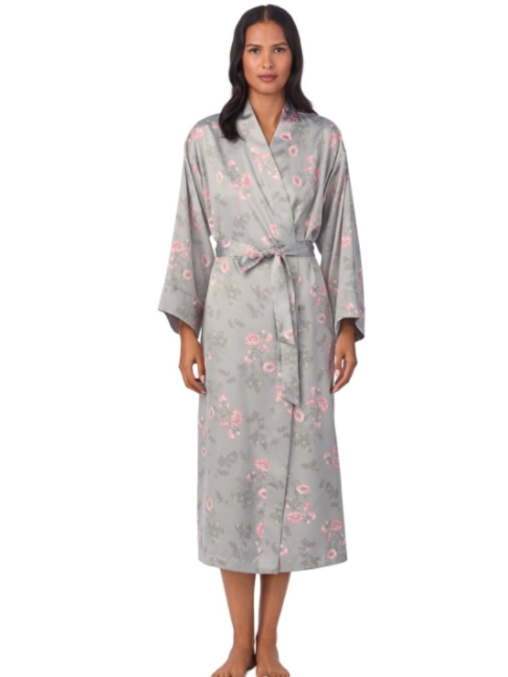 Lauren Ralph Lauren Women's Floral Satin Kimono Robe - Grey Print